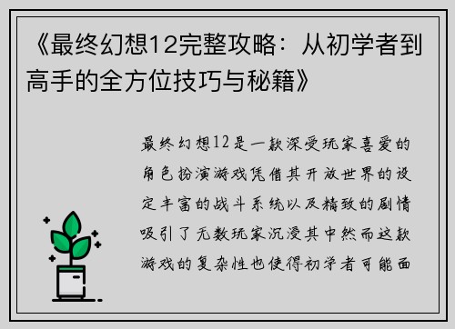 《最终幻想12完整攻略：从初学者到高手的全方位技巧与秘籍》
